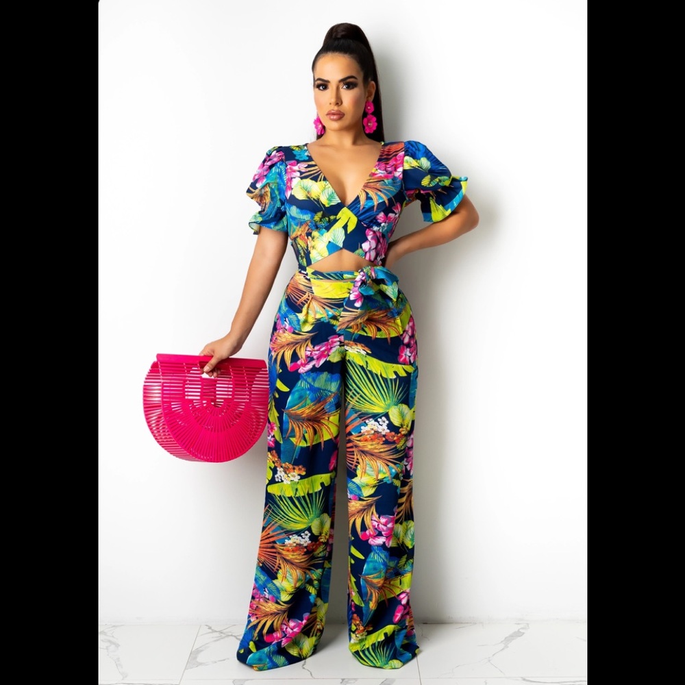 Tropical colorful print pant suit